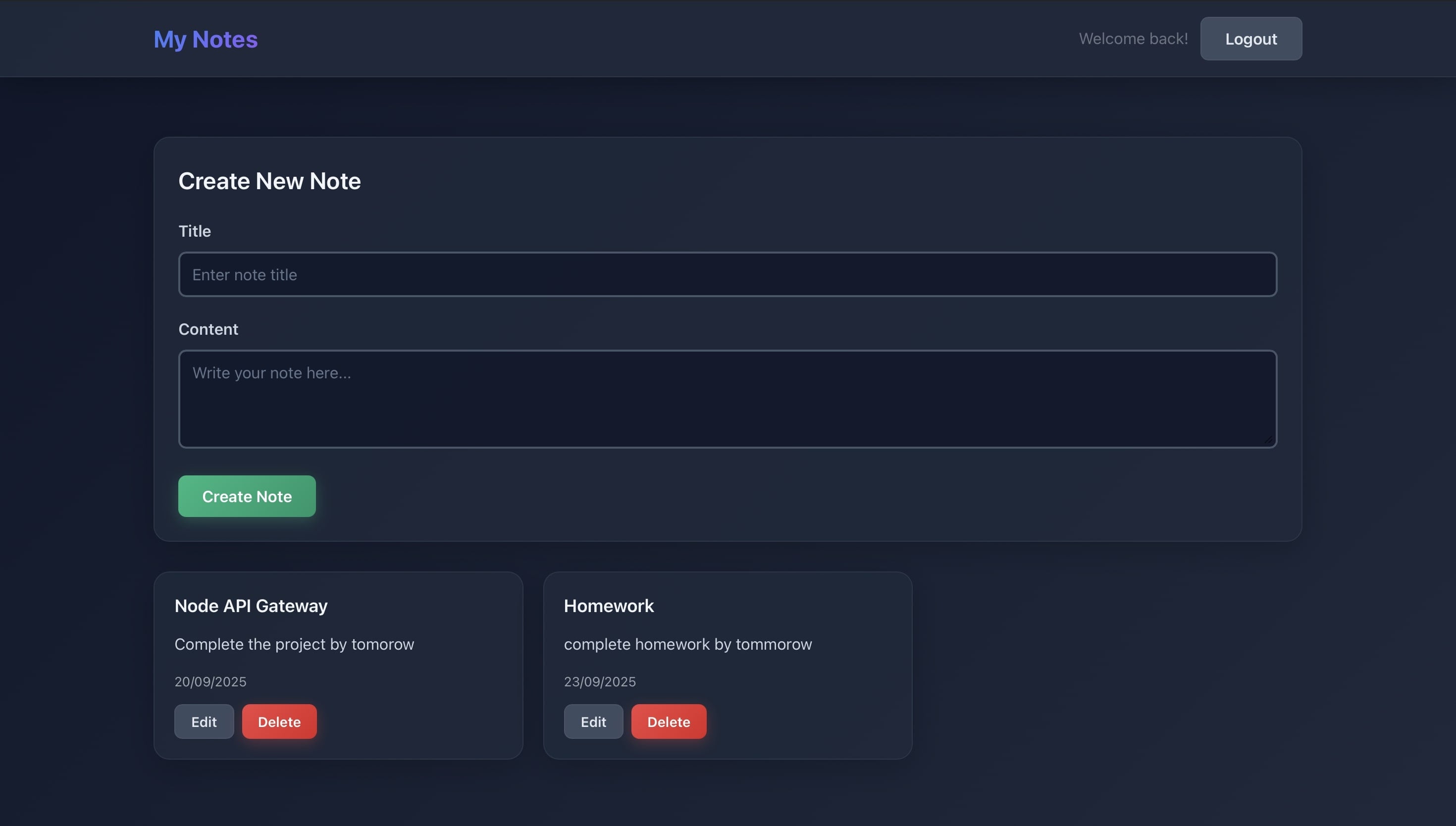Screenshot of Notes Microservices App